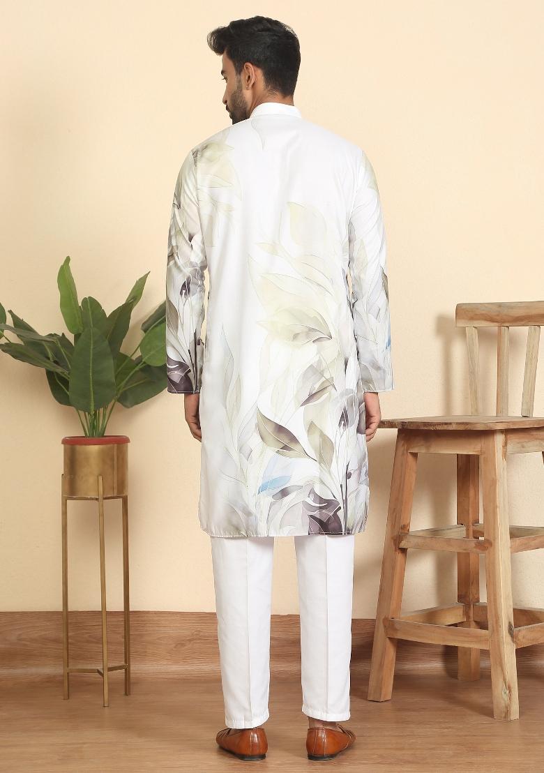 Green Leaf Print Cotton Kurta For Men - Indya