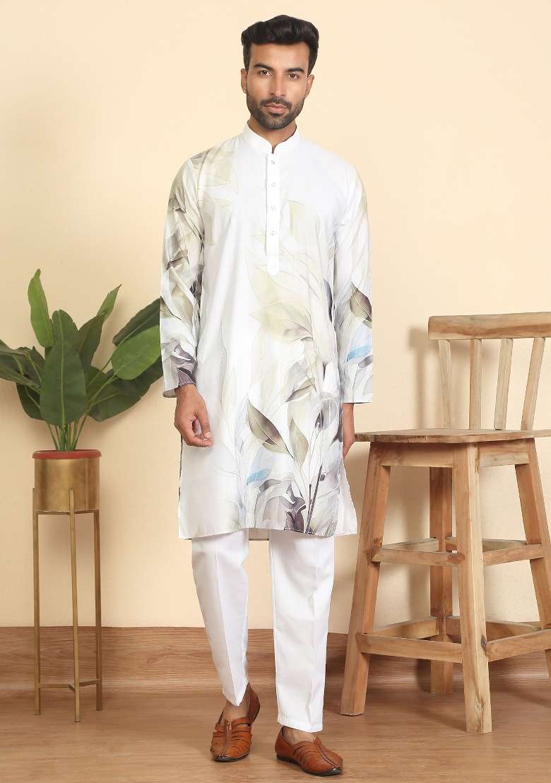 Green Leaf Print Cotton Kurta For Men - Indya