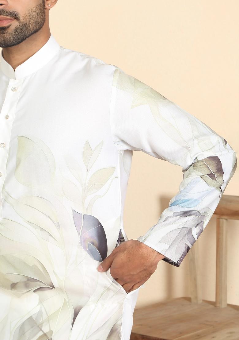 Green Leaf Print Cotton Kurta For Men - Indya
