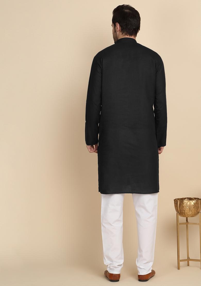 Black Solid Cotton Kurta For Men - Indya