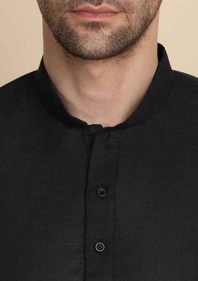 Black Solid Cotton Kurta For Men - Indya