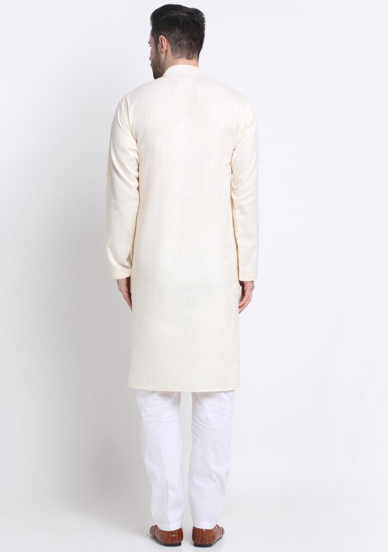 Cream Solid Cotton Kurta For Men - Indya