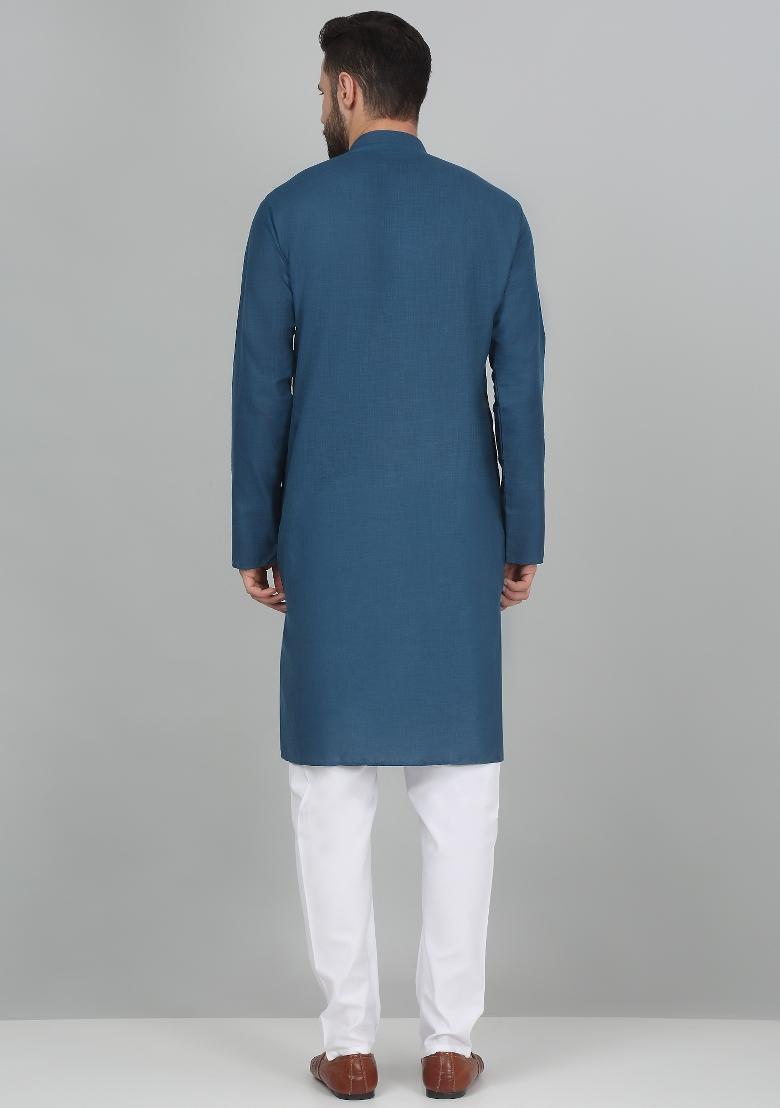 Denim Blue Solid Cotton Kurta For Men - Indya