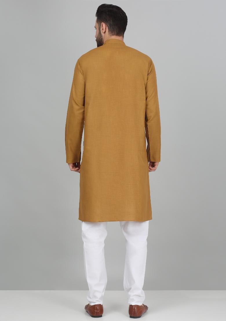 Gold Solid Cotton Kurta For Men - Indya