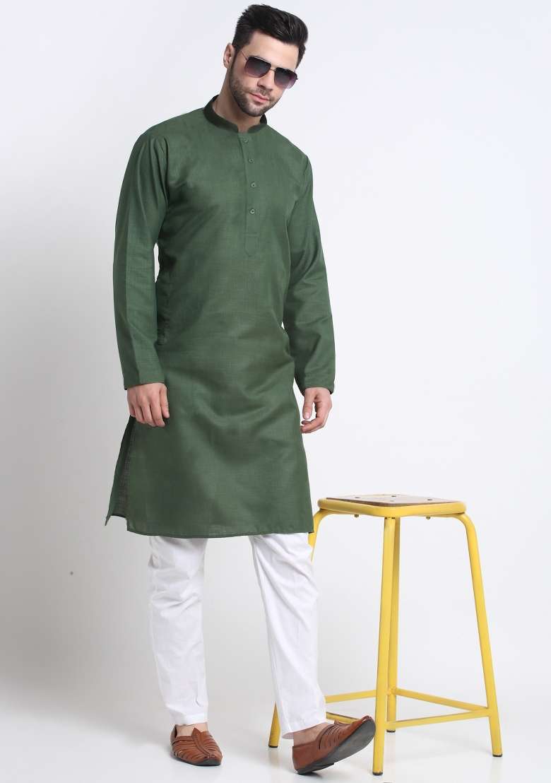 Mehendi Solid Cotton Kurta For Men - Indya