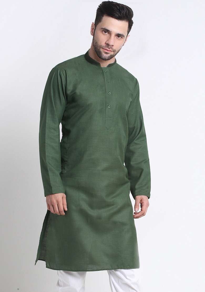 Mehendi Solid Cotton Kurta For Men - Indya