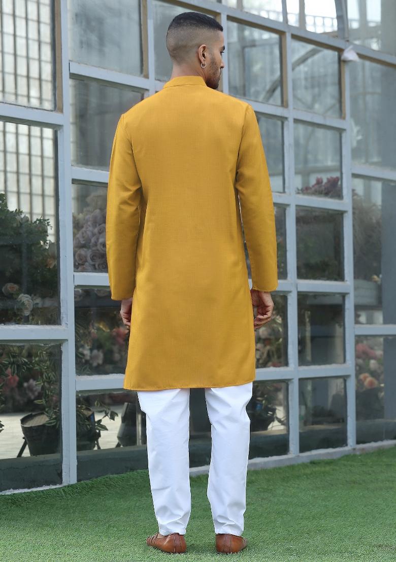 Mustard Solid Cotton Kurta For Men - Indya