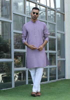 Mauve Solid Cotton Kurta For Men