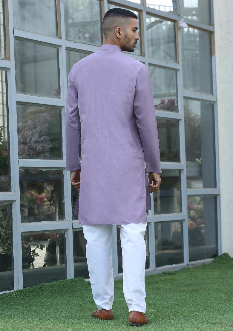 Mauve Solid Cotton Kurta For Men - Indya
