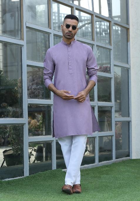 Mauve Solid Cotton Kurta For Men