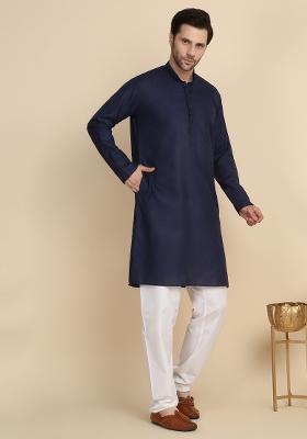 Navy Blue Solid Cotton Kurta For Men
