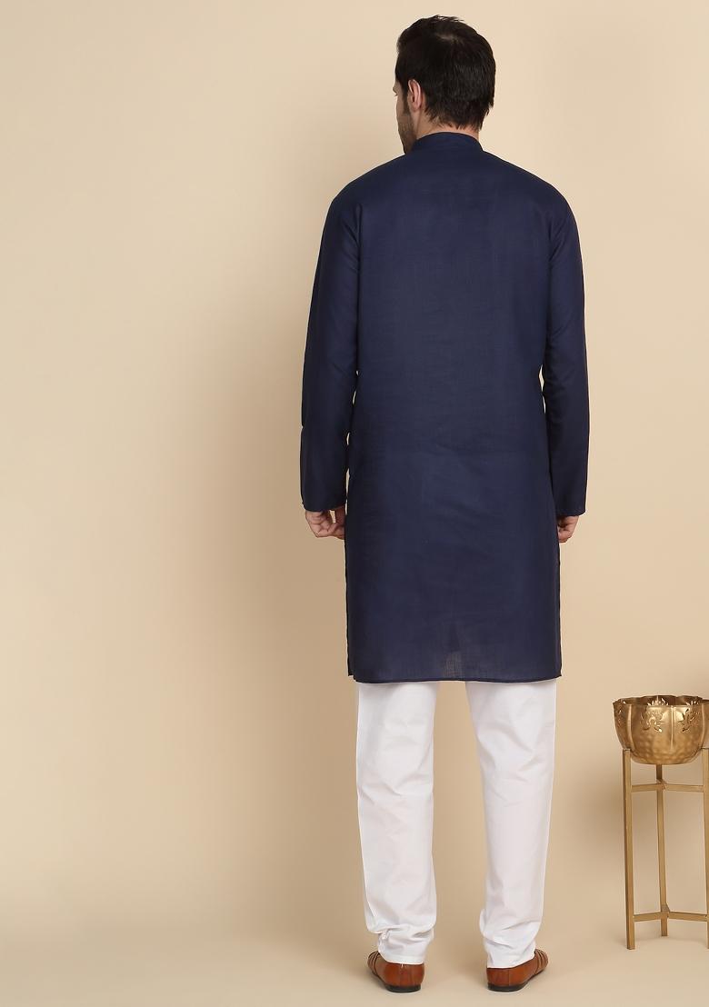 Navy Blue Solid Cotton Kurta For Men - Indya