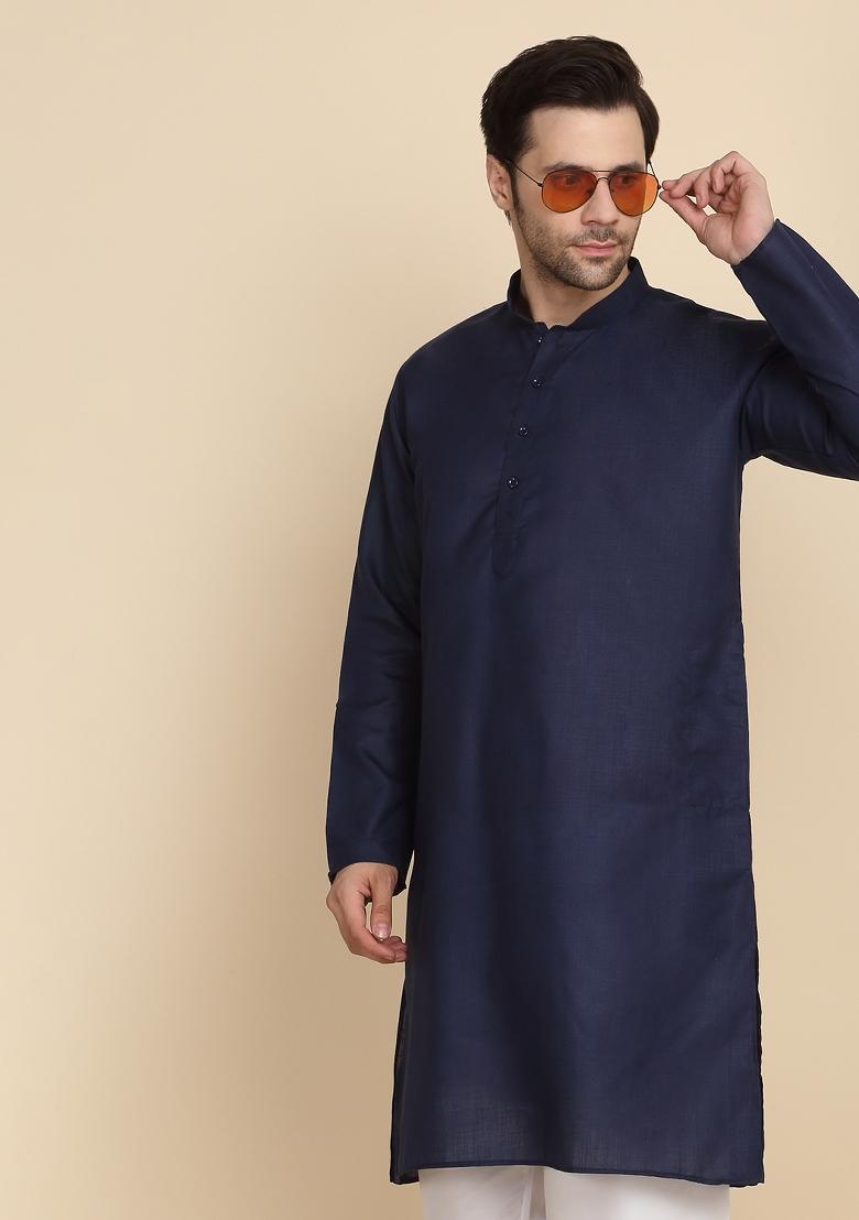 Navy Blue Solid Cotton Kurta For Men - Indya