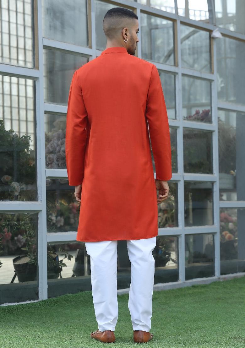 Orange Solid Cotton Kurta For Men - Indya