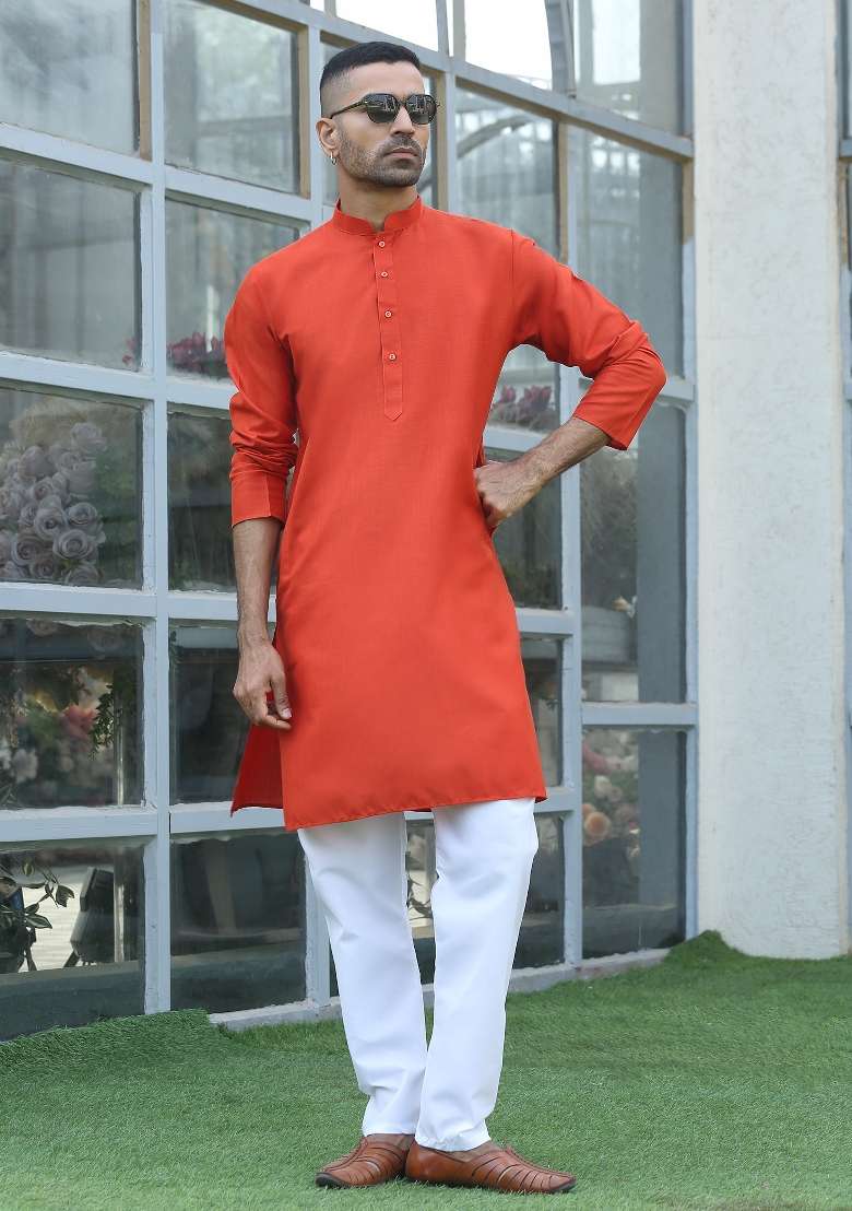 Orange Solid Cotton Kurta For Men - Indya