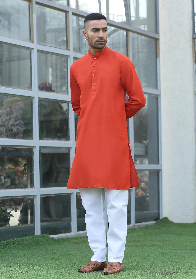 Orange Solid Cotton Kurta For Men - Indya