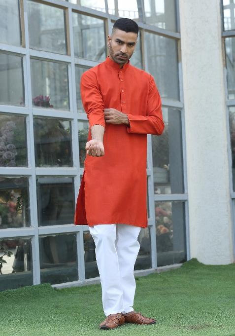 Orange Solid Cotton Kurta For Men