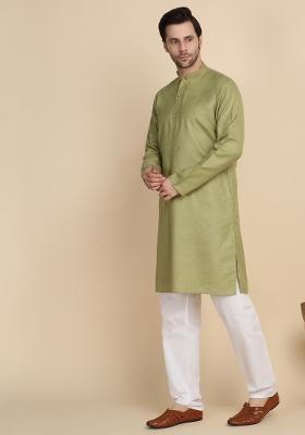Pista Solid Cotton Kurta For Men
