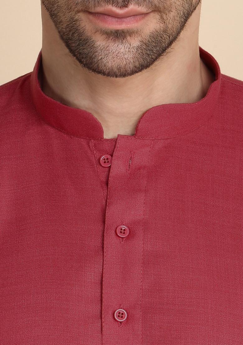 Red Solid Cotton Kurta For Men - Indya