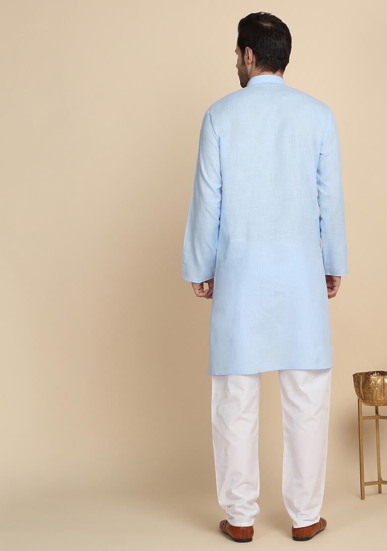 Sky Blue Solid Cotton Kurta For Men - Indya