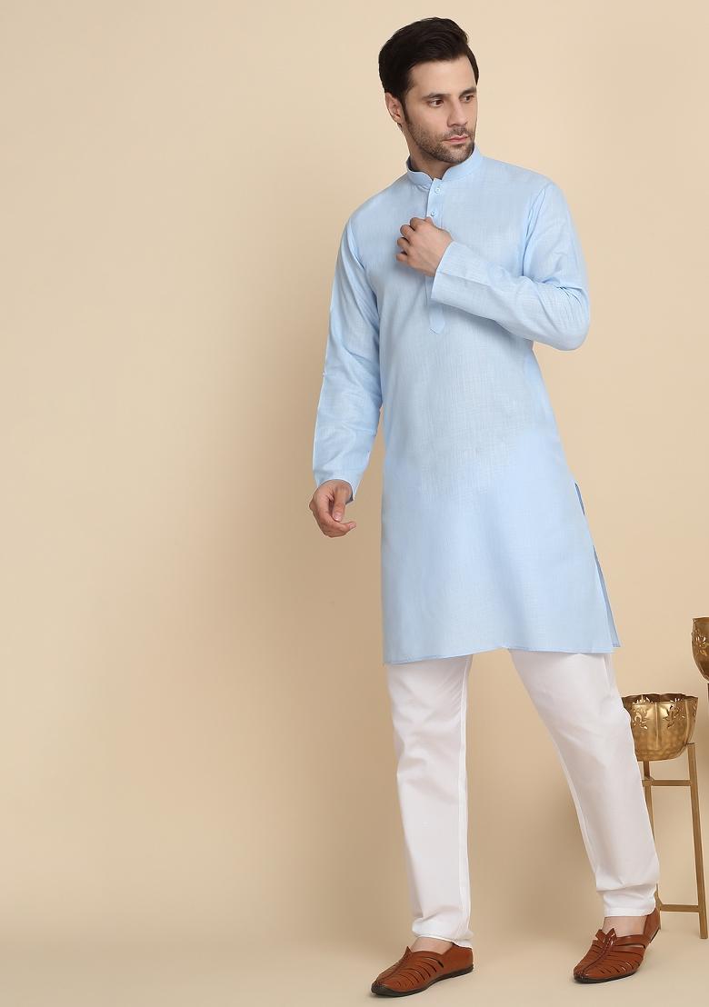 Sky Blue Solid Cotton Kurta For Men - Indya