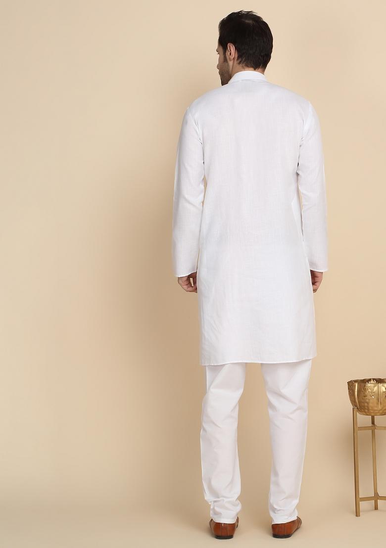 White Solid Cotton Kurta For Men - Indya