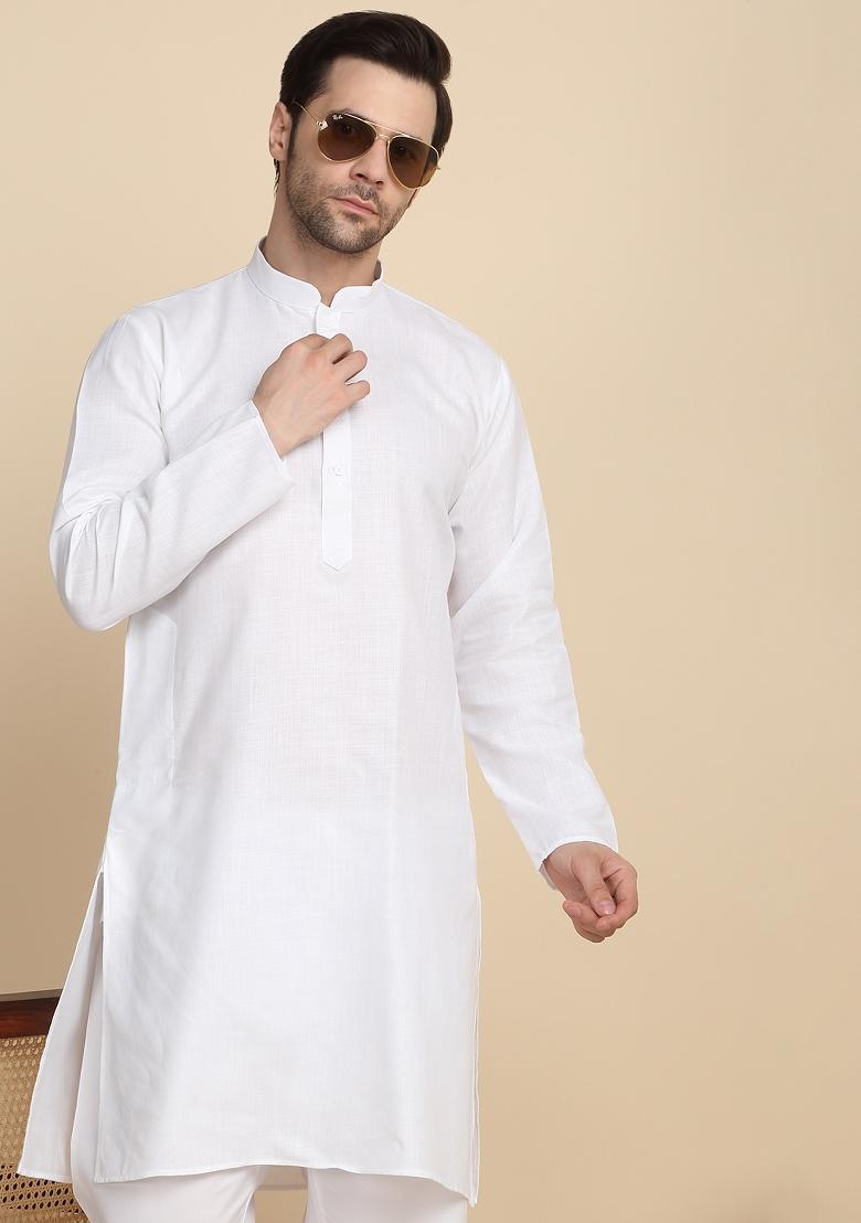 White Solid Cotton Kurta For Men - Indya