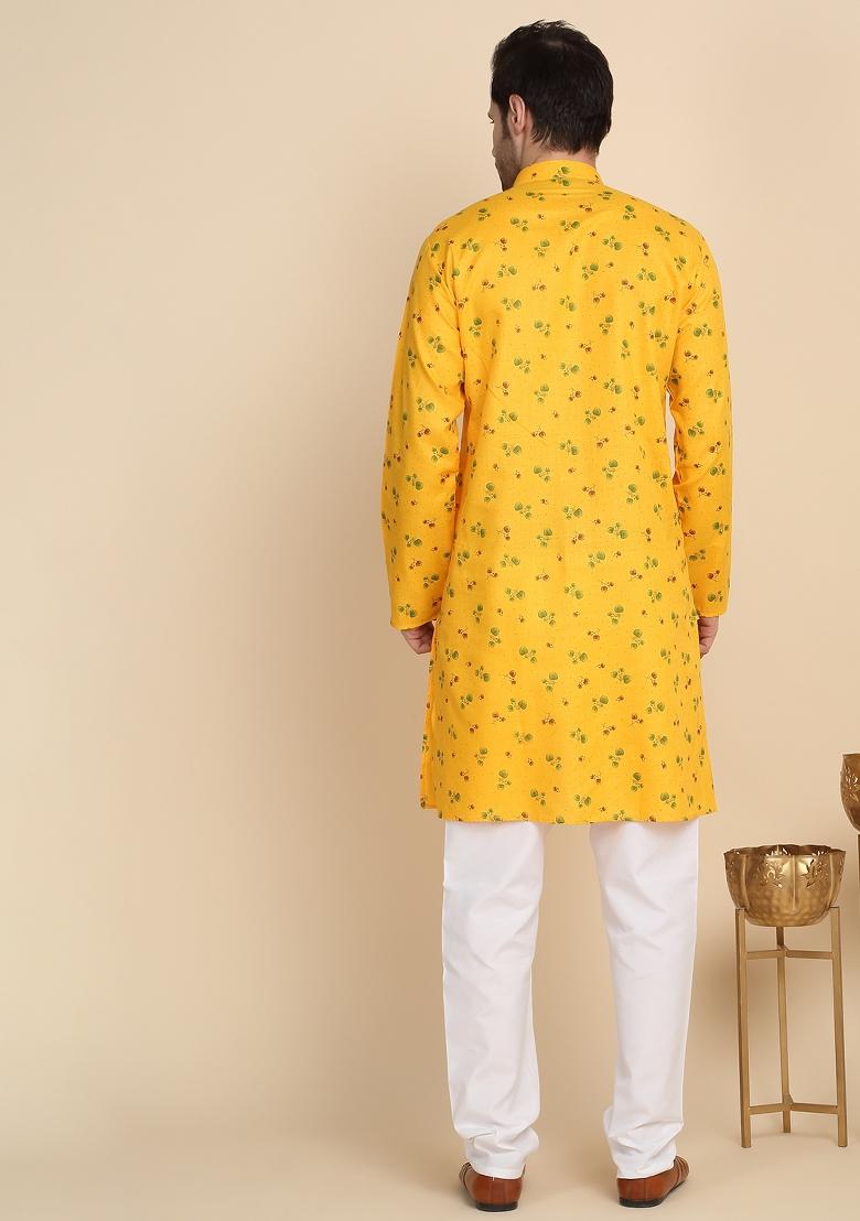 Yellow Printed Cotton Kurta For Men - Indya