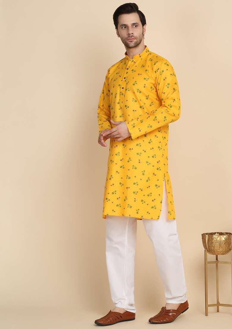 Yellow Printed Cotton Kurta For Men - Indya