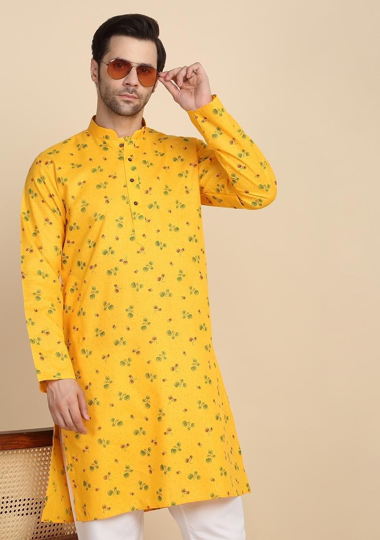 Yellow Printed Cotton Kurta For Men - Indya