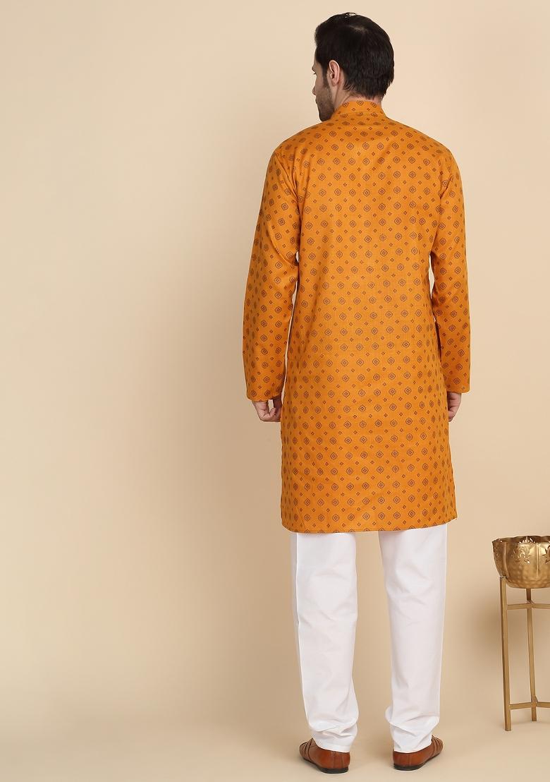 Mustard Printed Cotton Kurta For Men - Indya