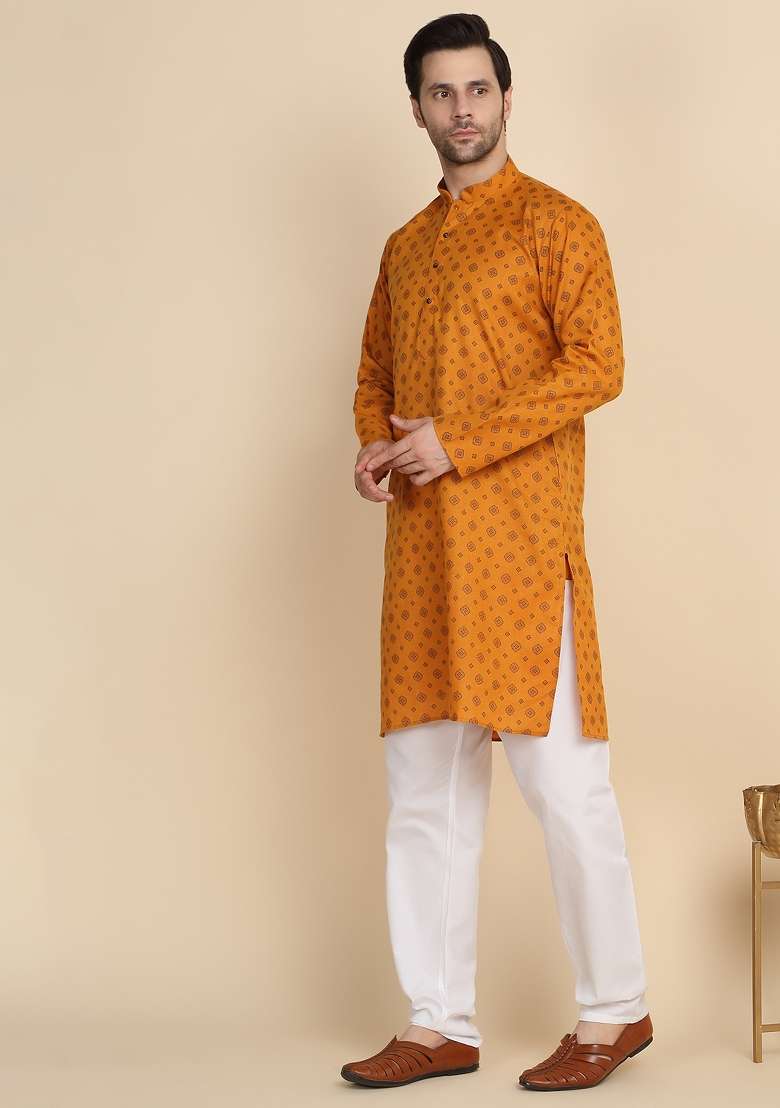 Mustard Printed Cotton Kurta For Men - Indya