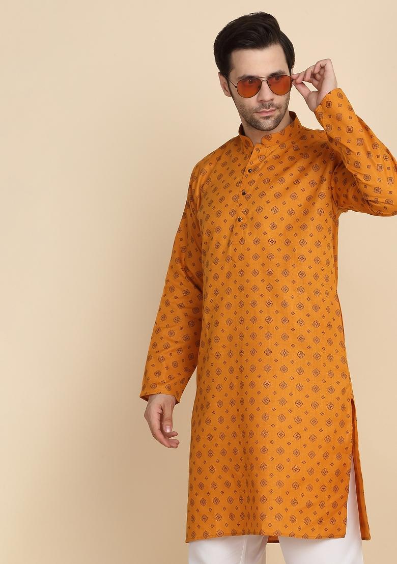Mustard Printed Cotton Kurta For Men - Indya