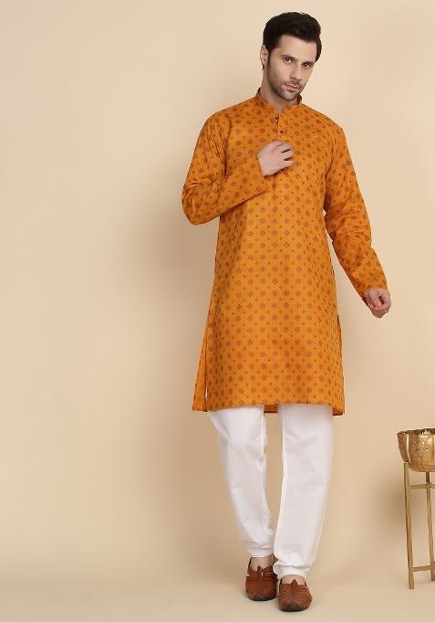 Mustard Printed Cotton Kurta For Men