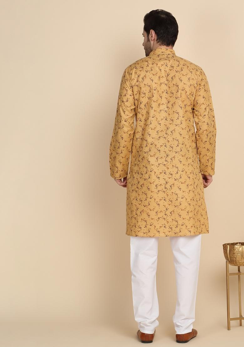 Beige Printed Cotton Kurta For Men - Indya