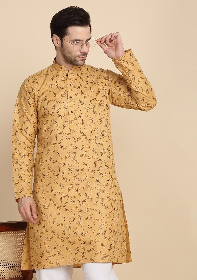 Beige Printed Cotton Kurta For Men - Indya
