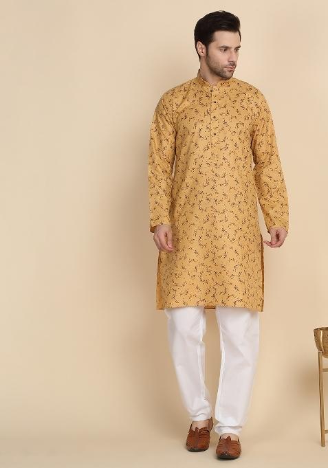 Beige Printed Cotton Kurta For Men