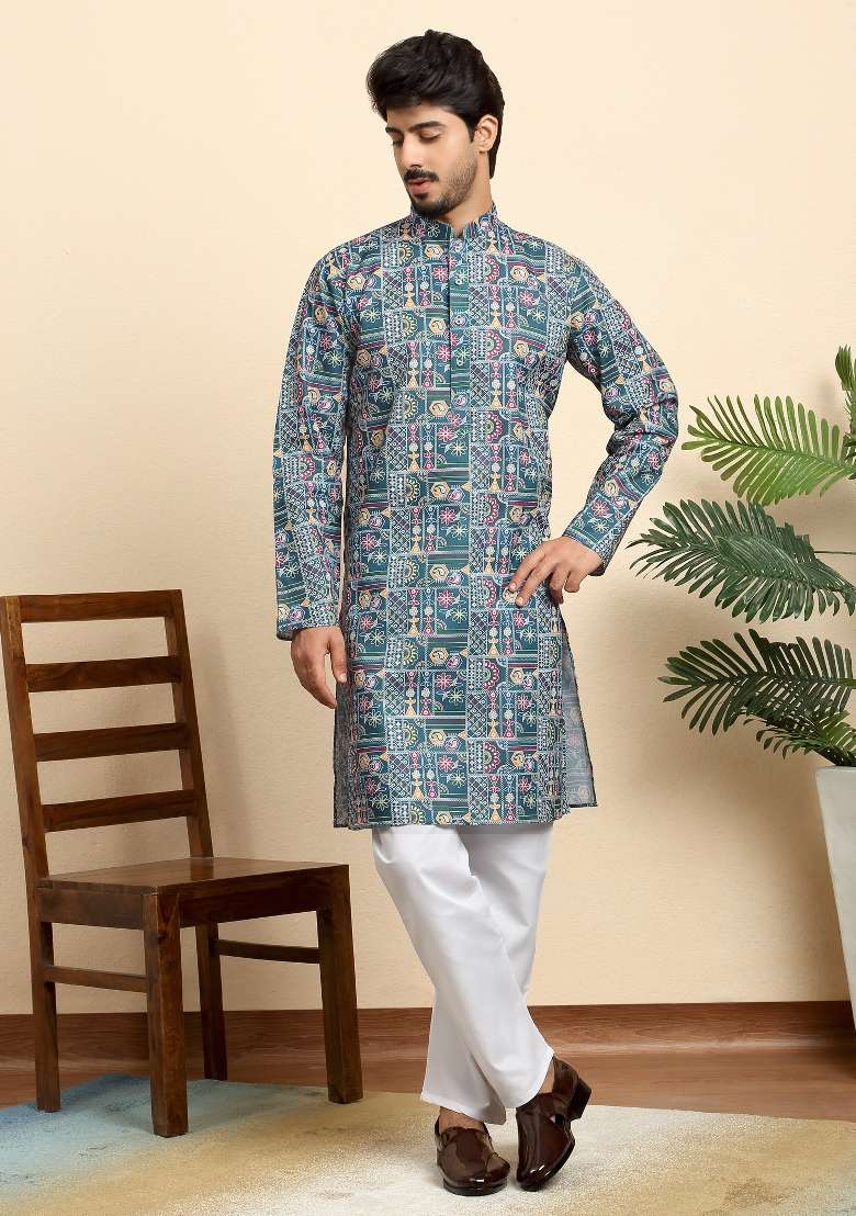 Blue Geometric Print Cotton Kurta For Men - Indya