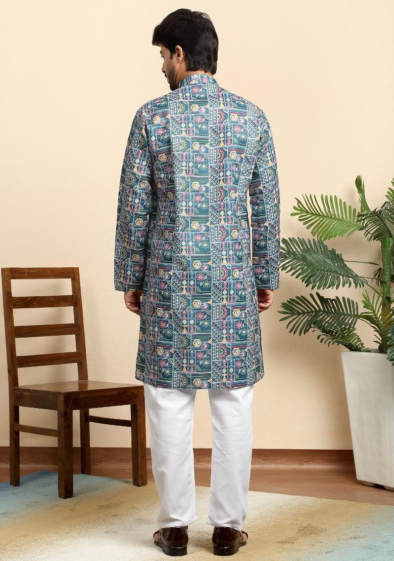 Blue Geometric Print Cotton Kurta For Men - Indya