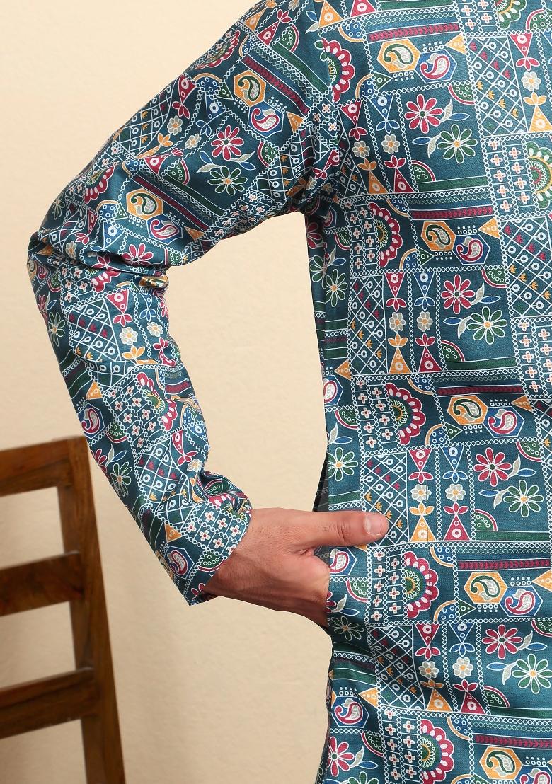 Blue Geometric Print Cotton Kurta For Men - Indya