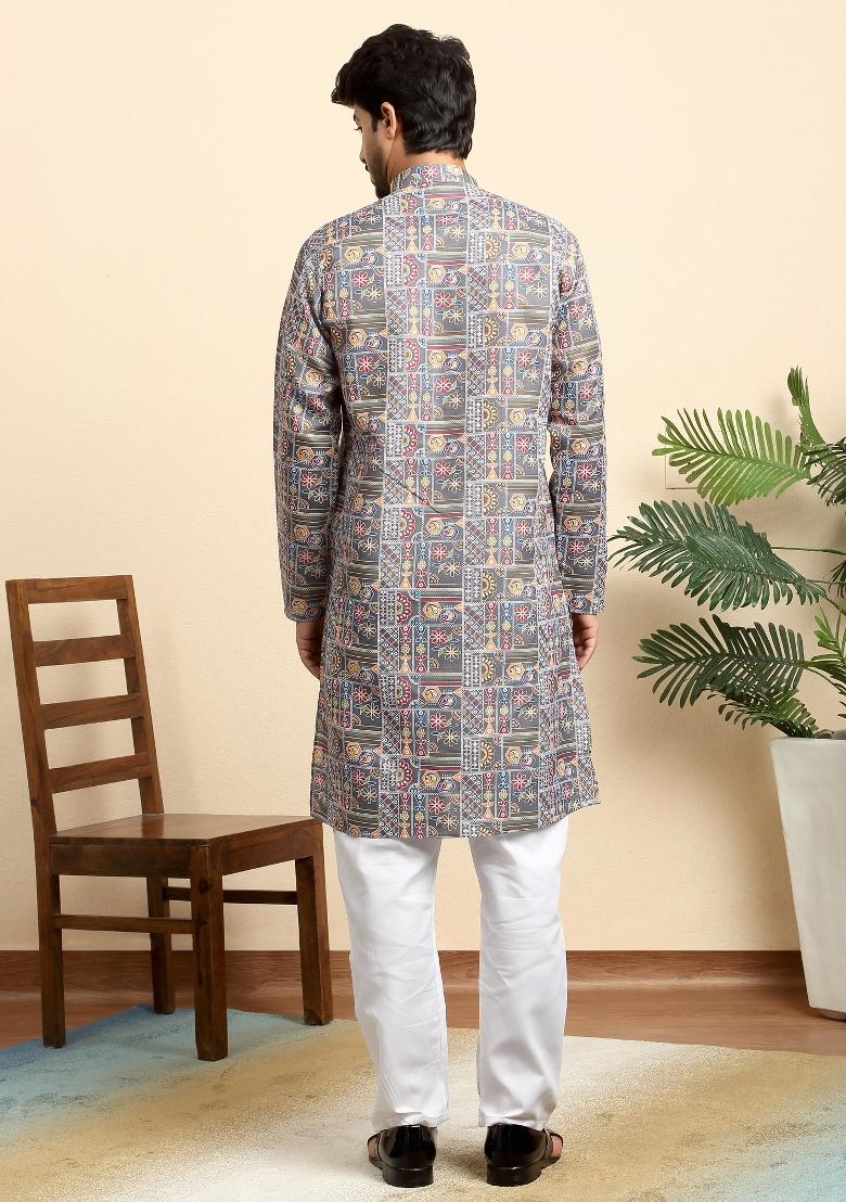 Grey Geometric Print Cotton Kurta For Men - Indya