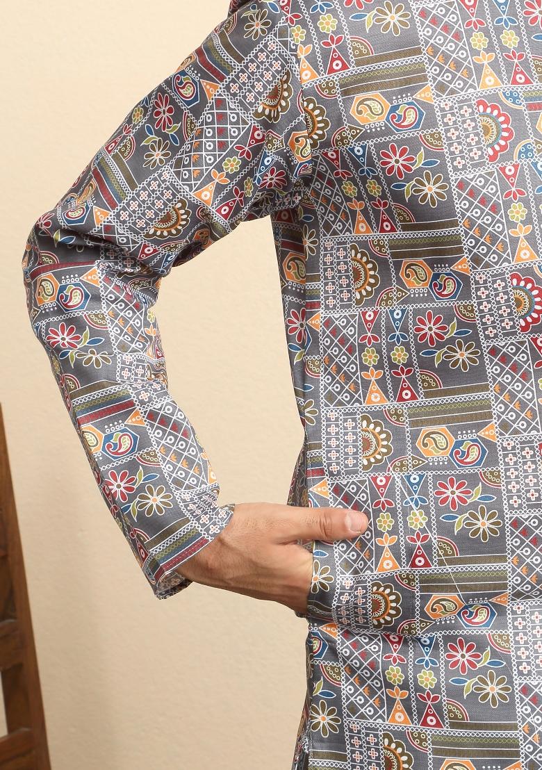 Grey Geometric Print Cotton Kurta For Men - Indya