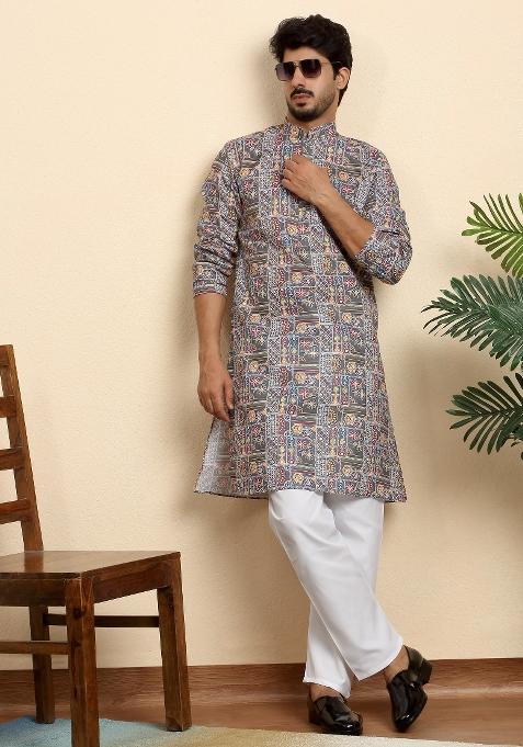 Grey Geometric Print Cotton Kurta For Men