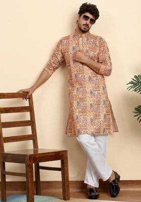 Orange Geometric Print Cotton Kurta For Men