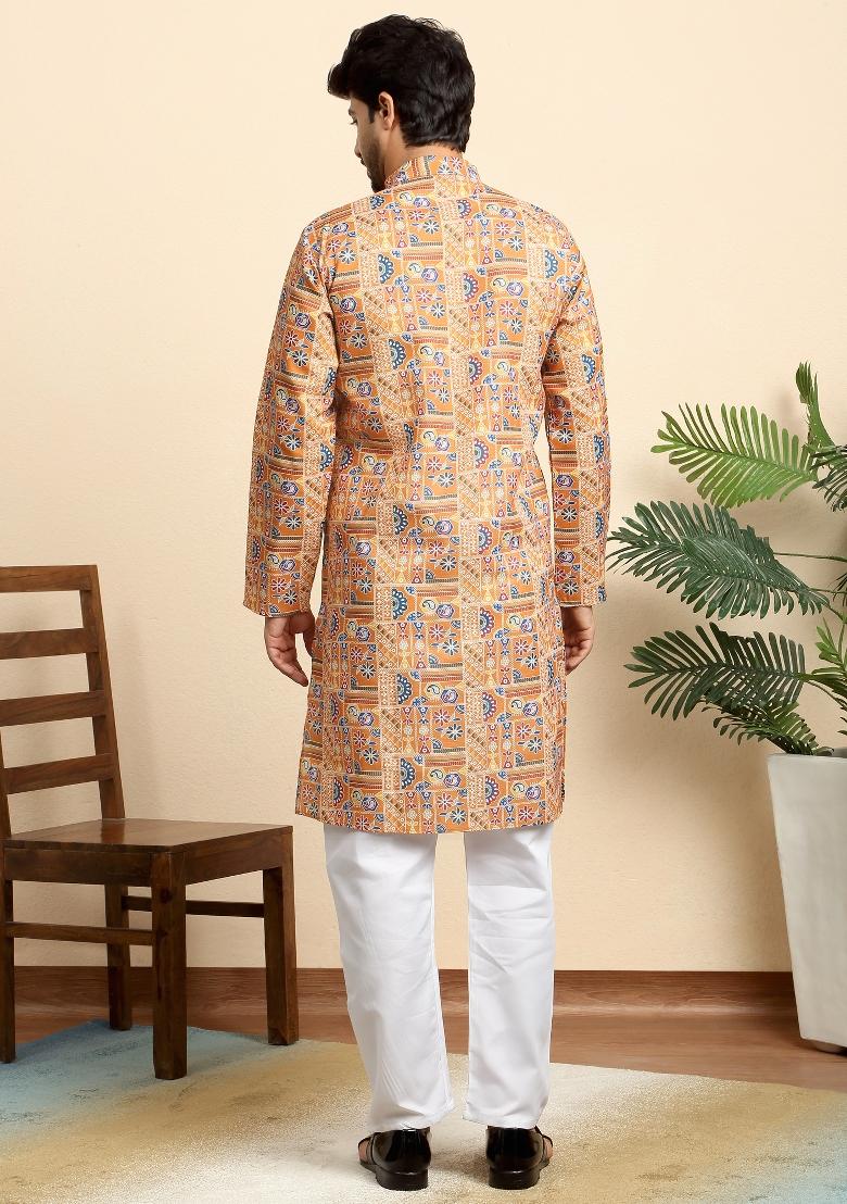 Orange Geometric Print Cotton Kurta For Men - Indya