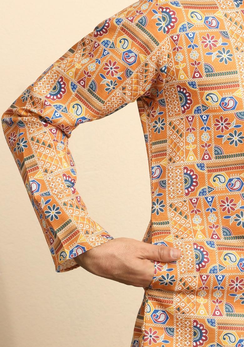 Orange Geometric Print Cotton Kurta For Men - Indya