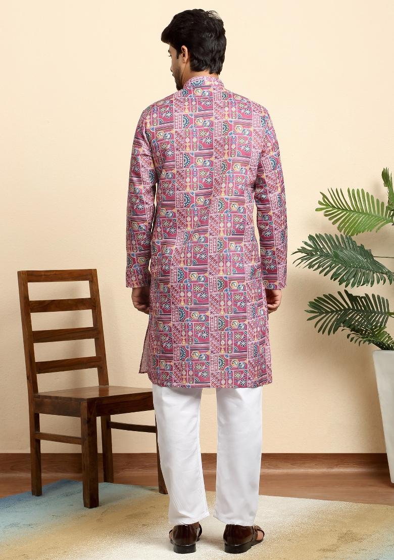 Pink Geometric Print Cotton Kurta For Men - Indya