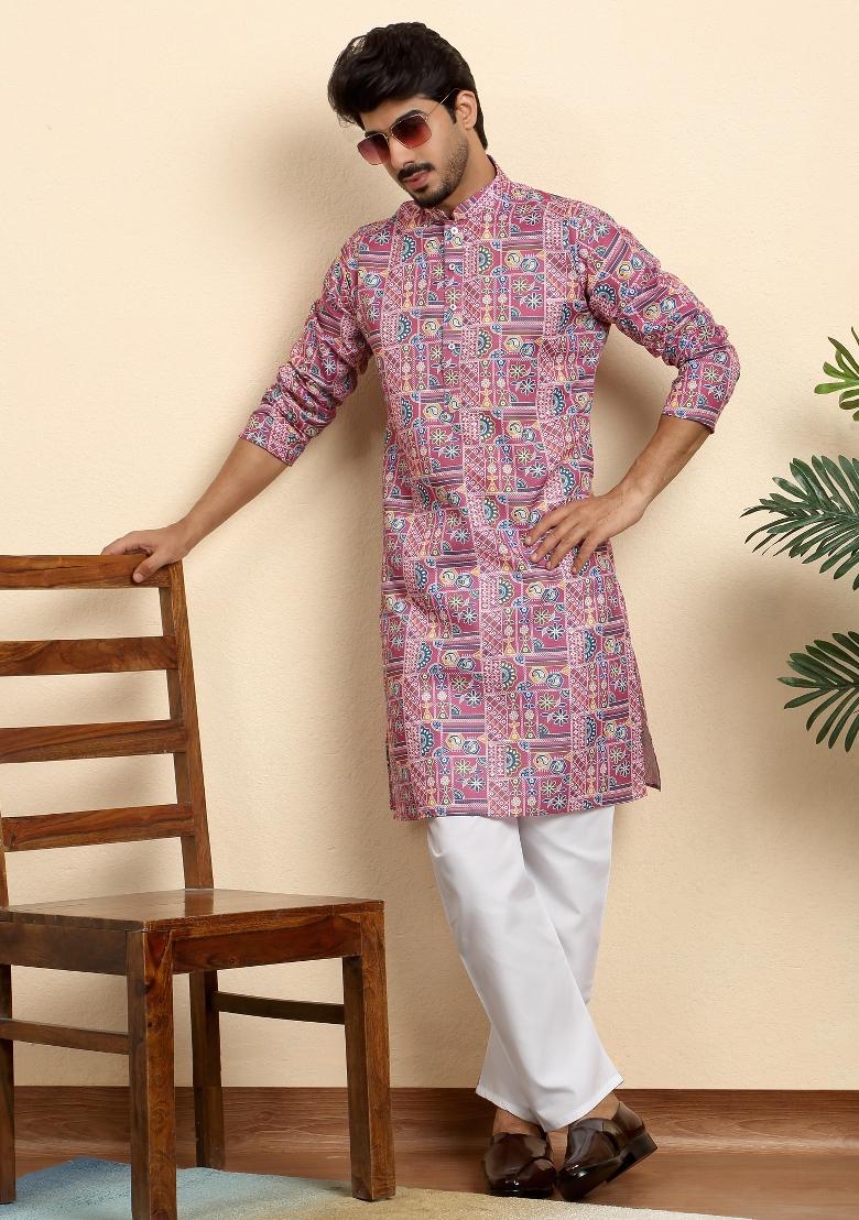 Pink Geometric Print Cotton Kurta For Men - Indya