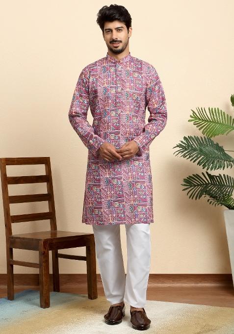 Pink Geometric Print Cotton Kurta For Men