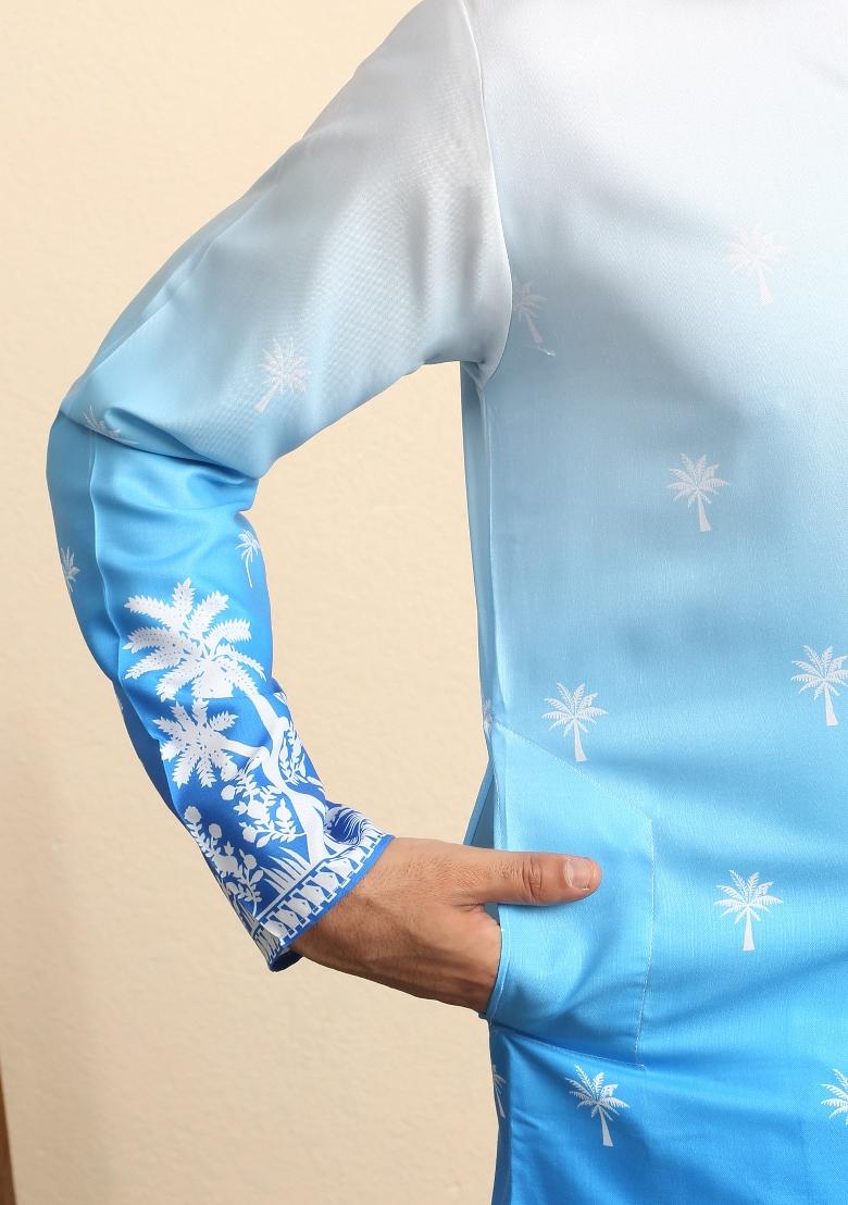 Blue Ombre Cotton Kurta For Men - Indya